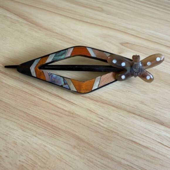 Vintage Butterfly Barrette & Hair Pick With Abalone Inlay Or Shawl Pin - Picture 1 of 8
